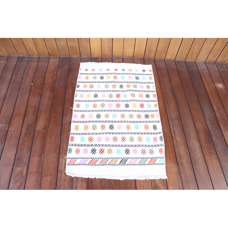 Vintage Turkish Kilim Striped Wool Floor Mat in Colorful Traditional Pattern for Small Spaces and Boho Decor