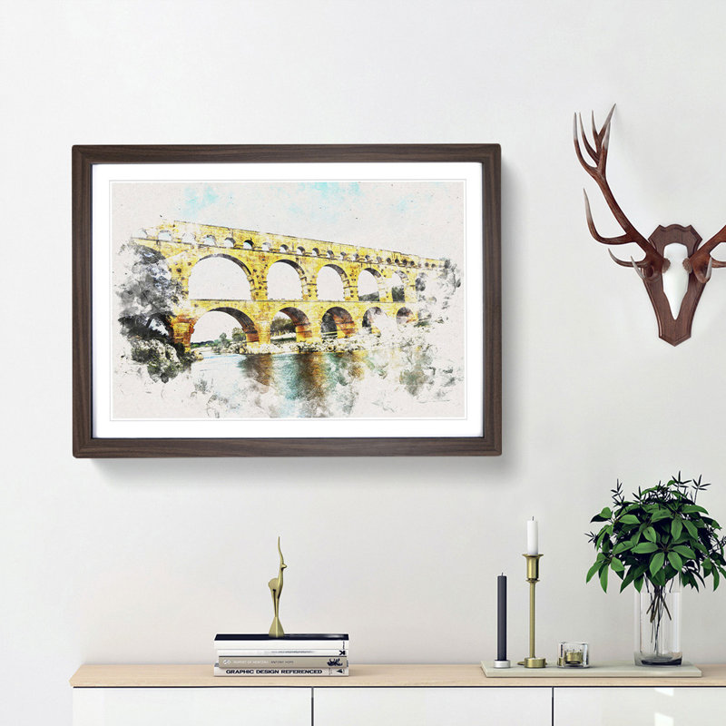 Pont Du Gard Bridge in France - Framed Print, 24cm H x 33cm W x 2cm D, Walnut Framed
