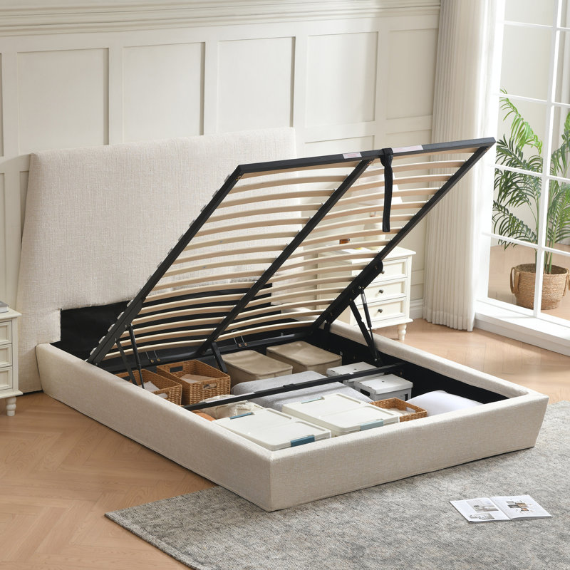 Lit plateforme tapissier avec rangement à hauteur relevable hydraulique 51,5 po Gerhart Luxlury, Très grand, Beige
