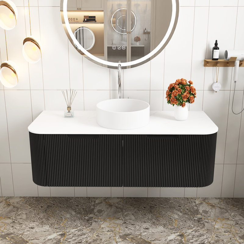 Ensemble de meuble-lavabo mural 48 po noir avec lavabo rond blanc en céramique pré-assemblé, Blanc