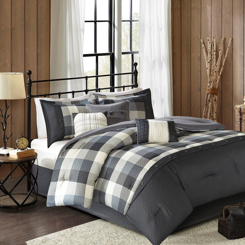 Édredon 7 pièces à chevrons gris très grand, style chalet, écossais Buffalo, rembourré, édredon, 2 taies décoratives, 3 coussins, jupe de lit, facile à nettoyer et à utiliser pour le lit, thème écossais, lavable en machine
