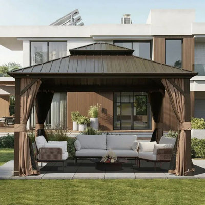 12 Ft. W x 12 Ft. D Galvanized Metal Patio Gazebo with Overhang Slope-Design Double Roof