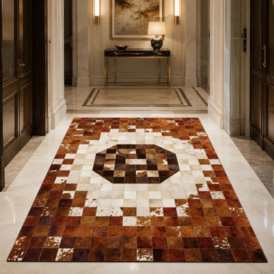 Tapis en cuir de vache à motif géométrique fabriqué à la main, tapis en cuir naturel
