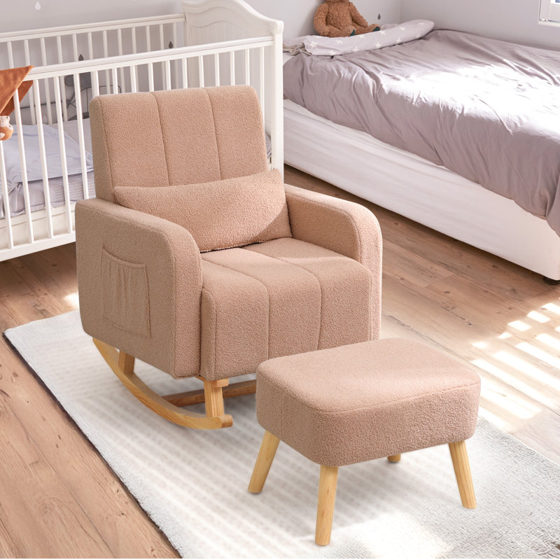 Upholstered Teddy Rocking Chair And Ottoman Ensemble, Coffee