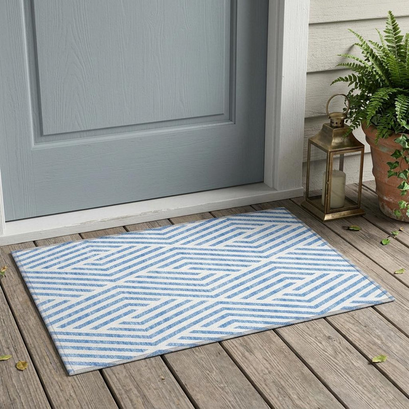 2' X 3' Blue and Ivory Geometric Washable Non Skid Indoor Outdoor Area Rug