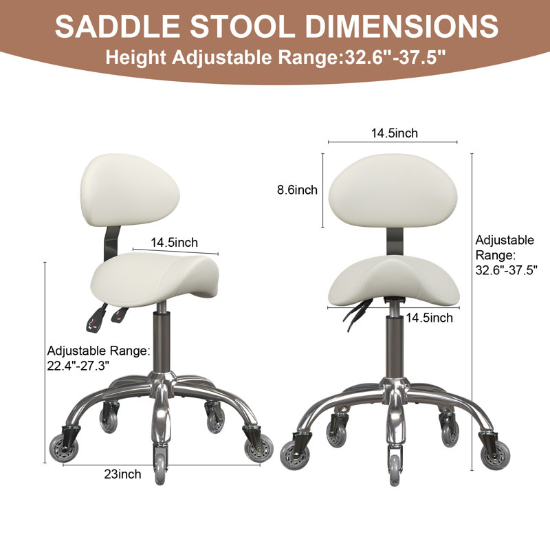 Ergonomic Saddle Stool with Premium Leather, Backrest Support, Rolling Casters, Easy to Assembly, Beige, Beige