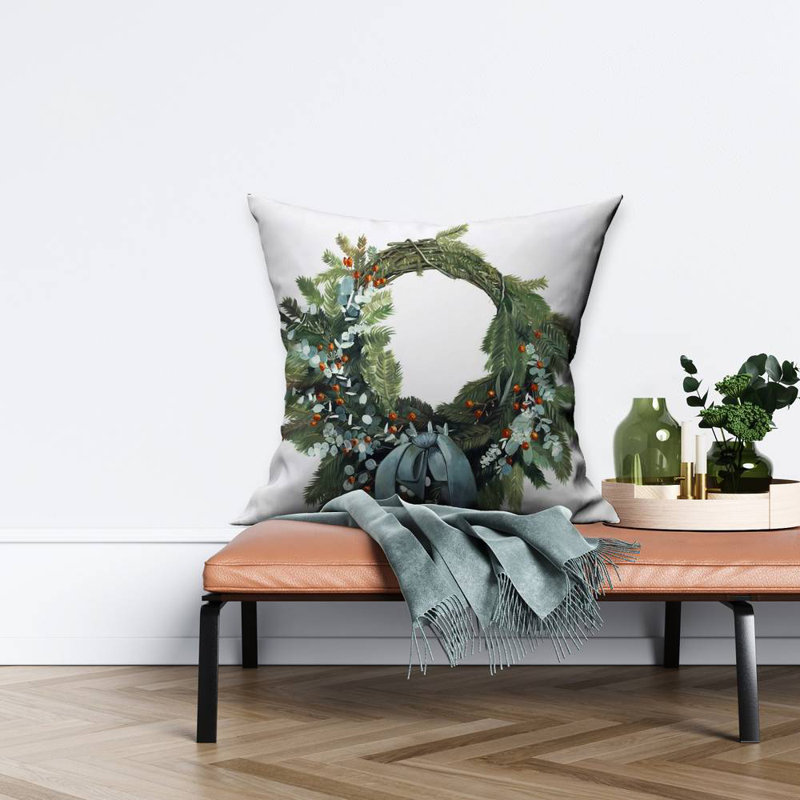 Christmas Wreath - Botanical Green Poly Twill Throw Decor