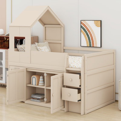 Modern Wooden Loft Bed with Desk, Storage Drawers and Cabinets