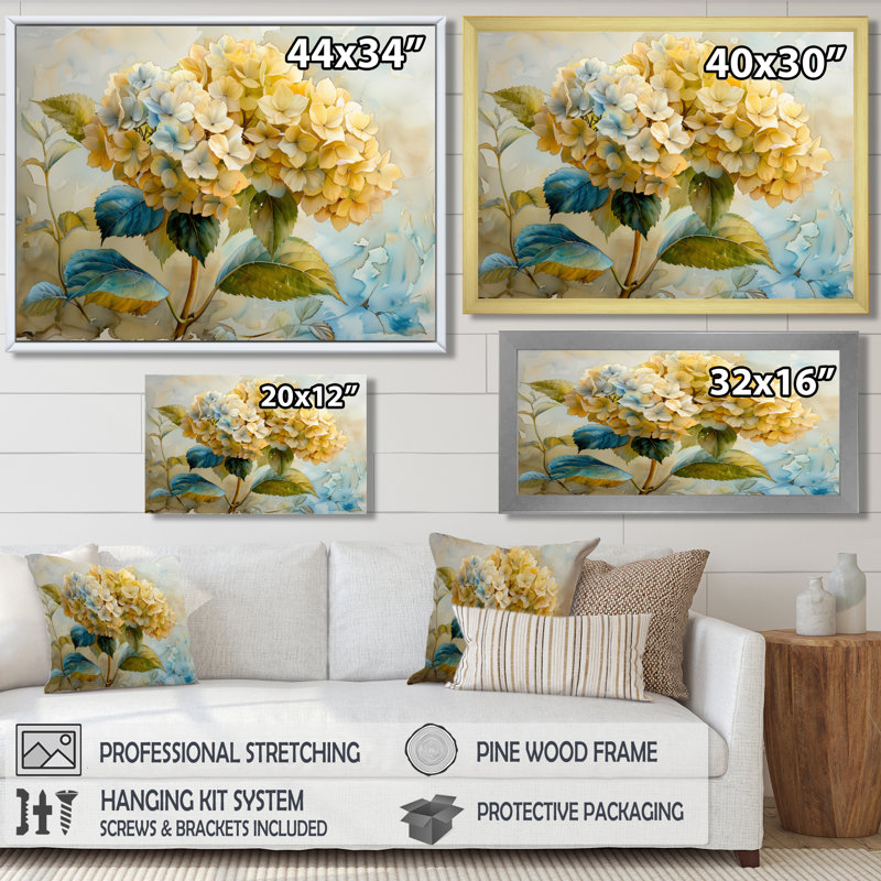 Décoration murale jaune et bleu jardin d'hortensias I - Hortensia, H 30 po x l 40 po, Toile tendue