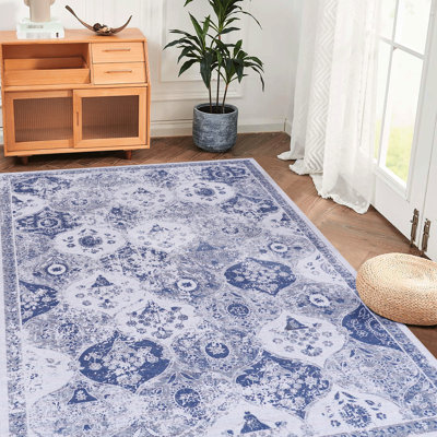 Tapis 5 x 8 en bleu, lavable, antidérapant, à poils courts pour le salon, la chambre à coucher, le couloir, la cuisine, un look contemporain pliable