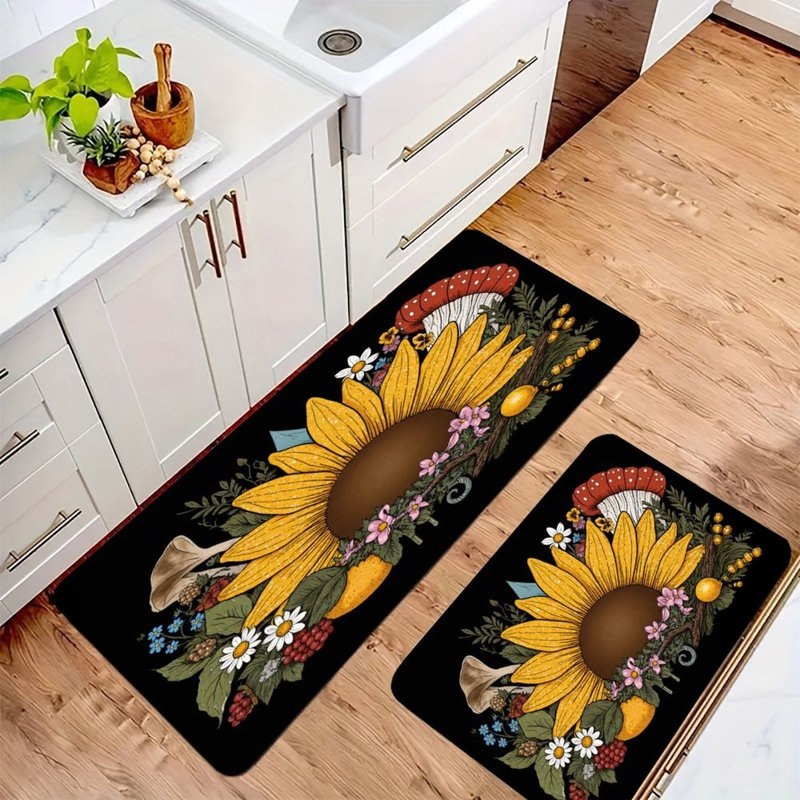 Sunflower & Botanical, Kitchen Mats Set Of 2, Black/Yellow Floral