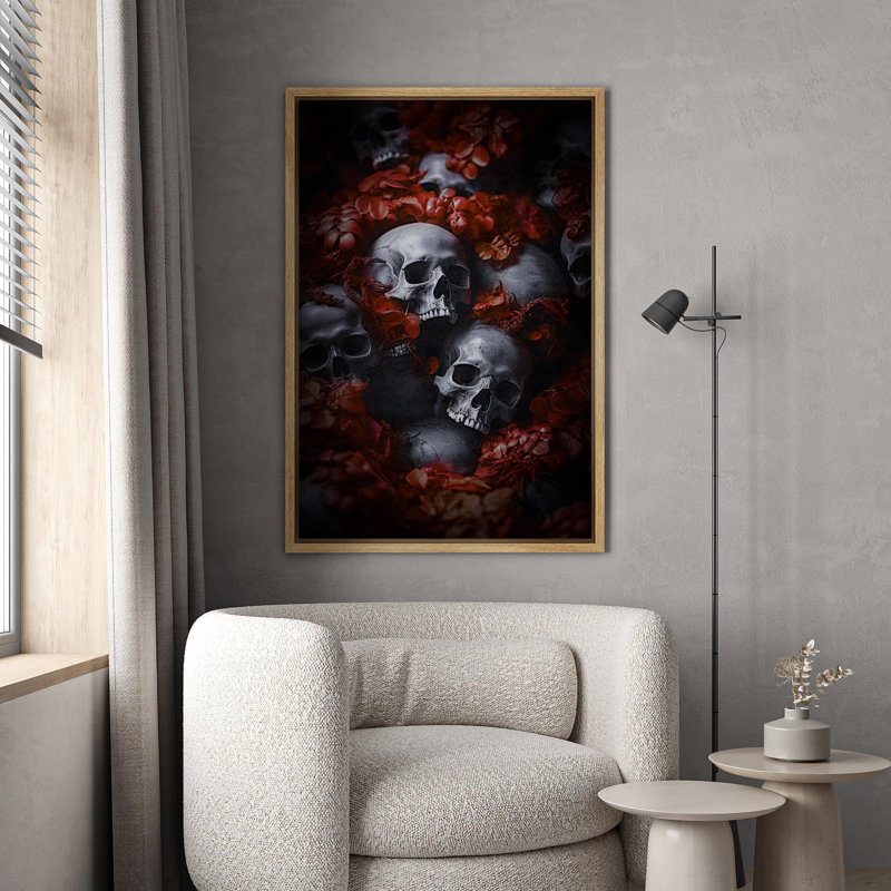 Crânes et fleurs dans un décor sombre Moody foncé, œuvre d'art moderne, décor, H 36 po x l 24 po, Cadre naturel flottant