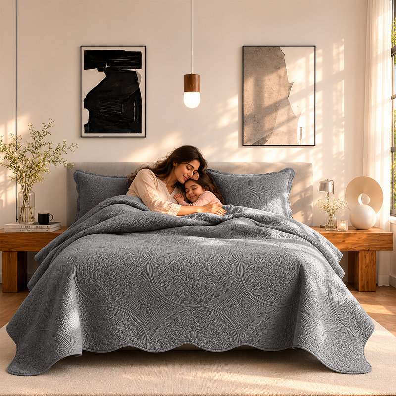 Ensemble de couvre-lit surdimensionné à motif floral Moonlight, King, Gris anthracite