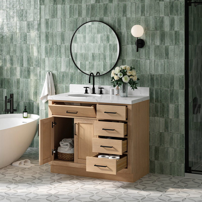 Meuble-lavabo simple en bois massif 42 po Tidworth avec plateau en quartz Carrara de 1,5 po, Gauche, Ovale, Chêne naturel