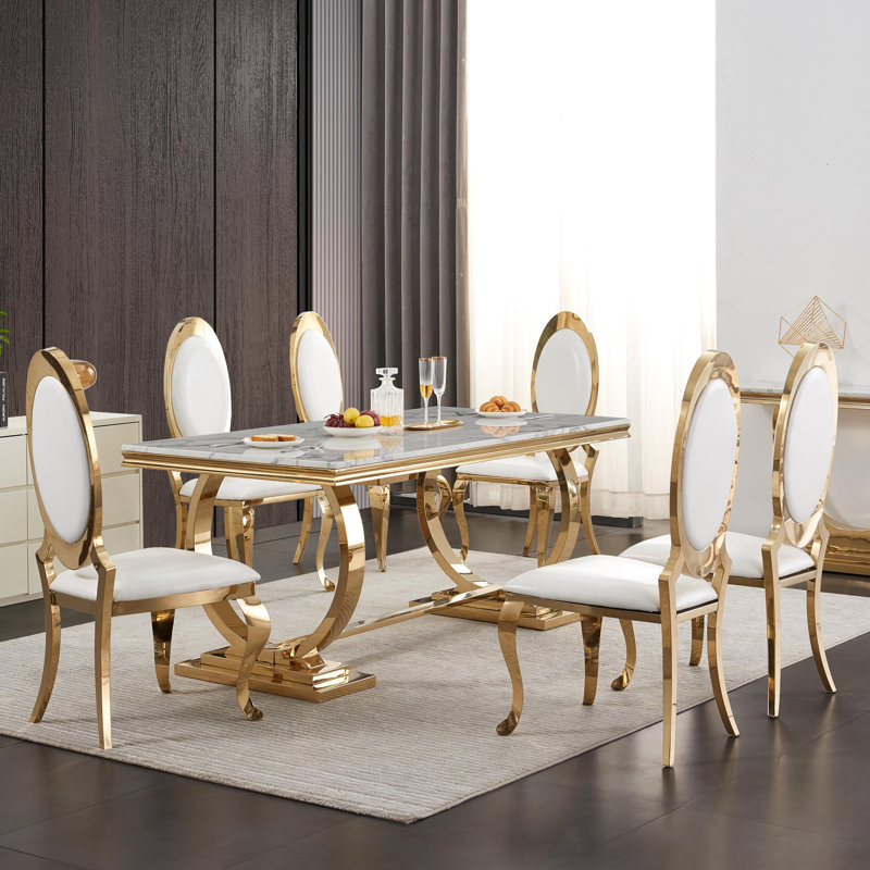 Solway 70.08" Dining Table Set, Modern Kitchen Table For 6 Person (1 Table 6 Chairs), White/Gold