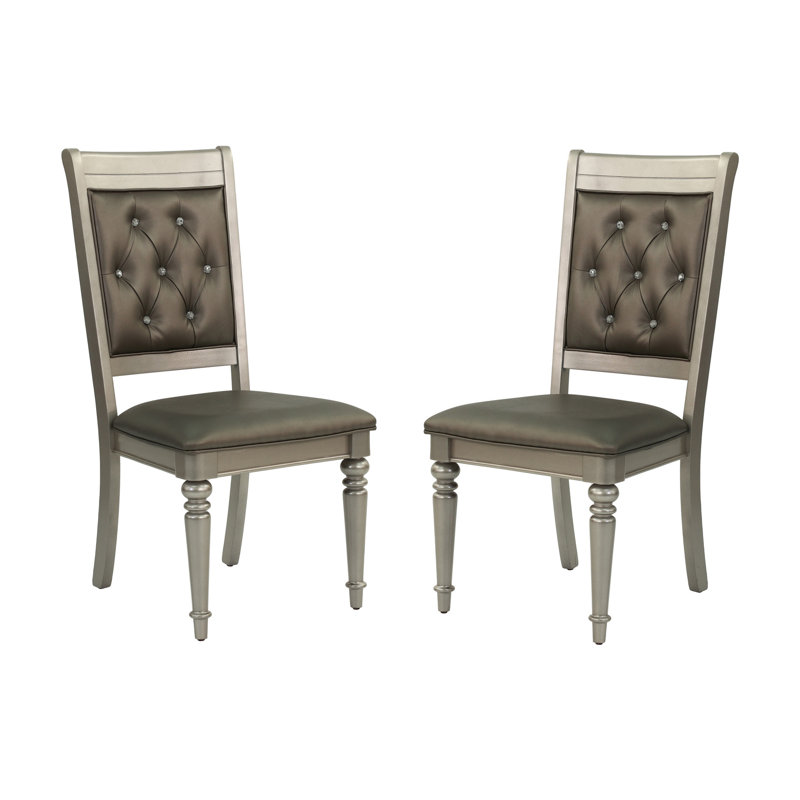 Chaises de salle à manger d'appoint de luxe argentées, de 2, dossier, coussin rembourré, gris et argent, bois d'hévéa, siège de présentation classique 2 pièces