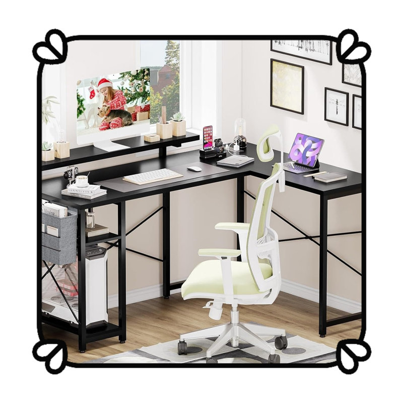 Bureau de jeu en L 54 po avec prise de courant et lumière DEL, conception ergonomique, support pour écran réglable, bureau d'angle réversible pour le bureau personnel, le bureau et les jeux