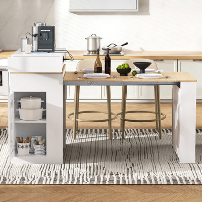 57.7" Kitchen Island With Extendable Top On Wheels, Kitchen Dining Table, Bar Table With Drawers And Power Outlet For Kitchen And Dining Room