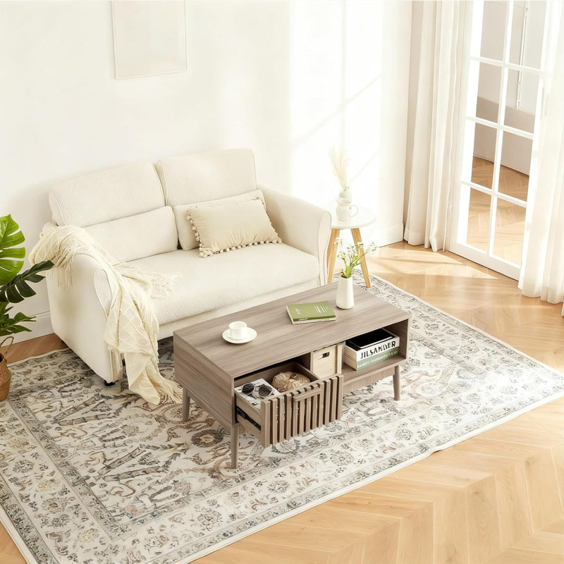 Table basse cannelée, ferme moderne avec tablette ouverte et rangement de tiroir, finition grain de bois pour le salon