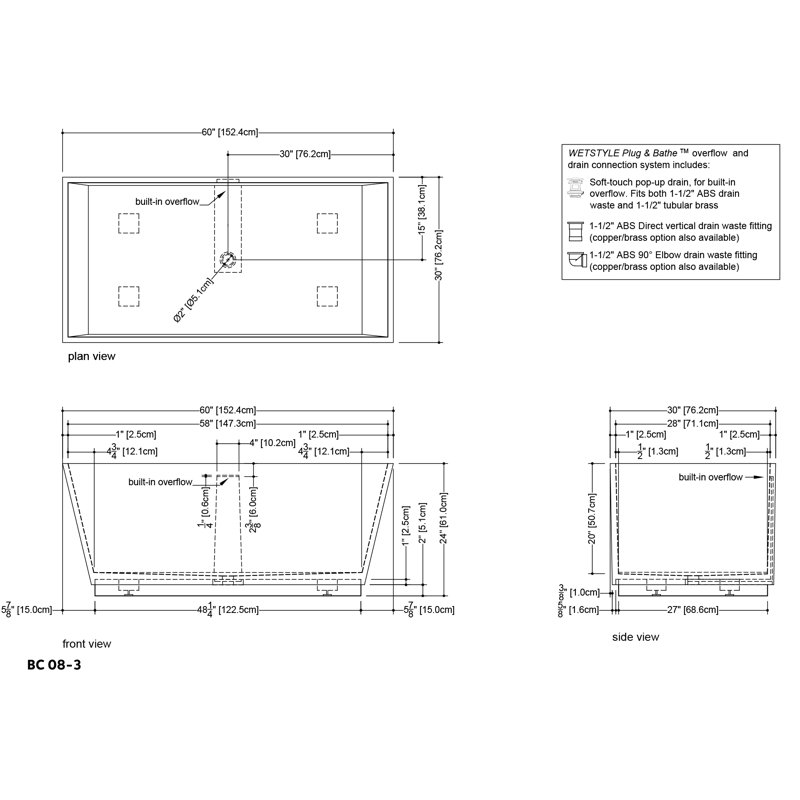 Cube 60'' x 30'' Soaking Solid Surface Bathtub, Matte White, Matte Black, Oak Natural