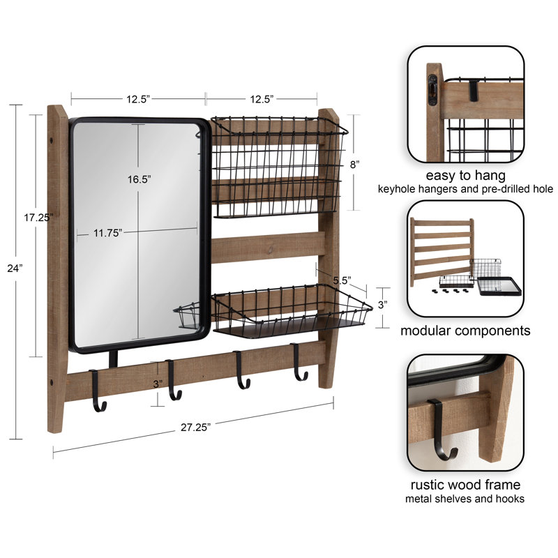 Rustic Brown Wall Organizer with Mirror and Hooks