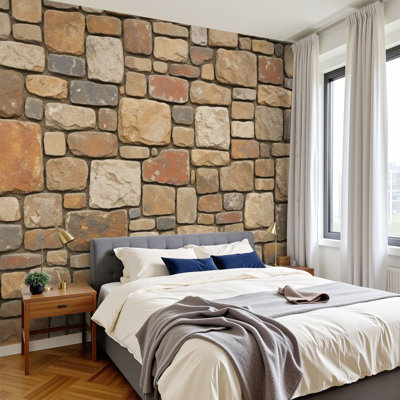 Papier peint auto-adhésif mural en pierre naturelle à motif de tons de terre rustique H 100 po x l 144 po, papier peint amovible en PVC pour chambre à coucher, bureau à domicile
