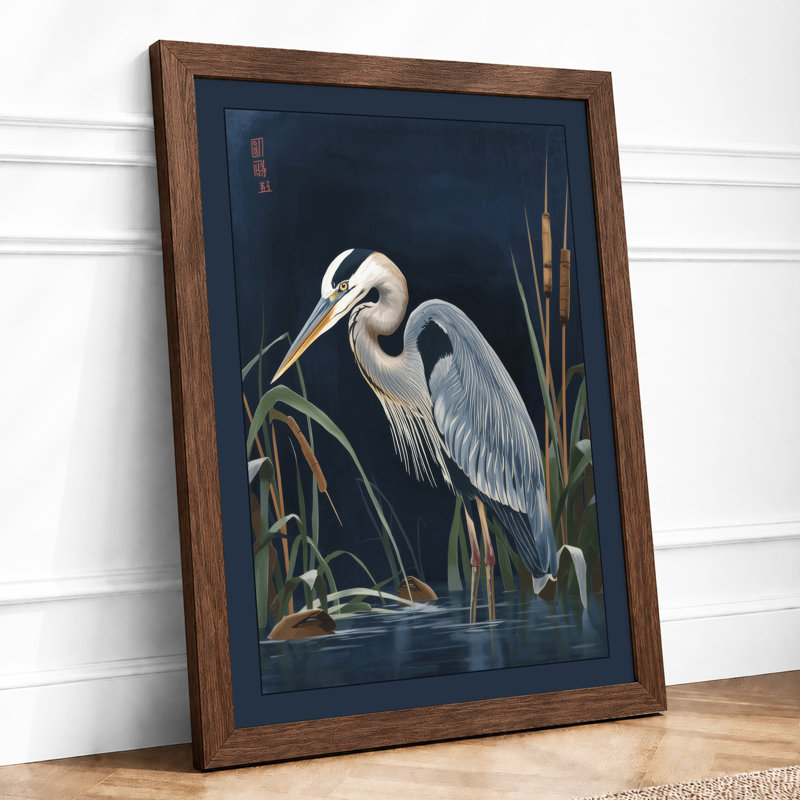 Heron in Reeds Coastal - Framed Print, Walnut, A4 - 29.7 x 21.0 cm