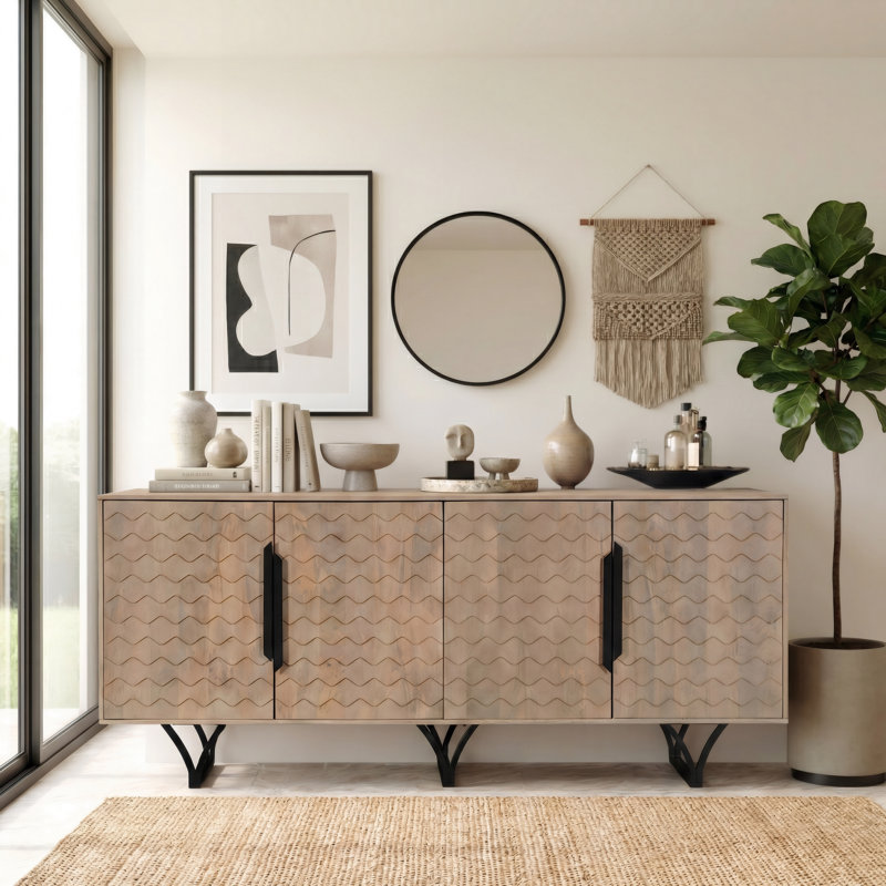 4-door Geometric Pattern Solid Wood Sideboard