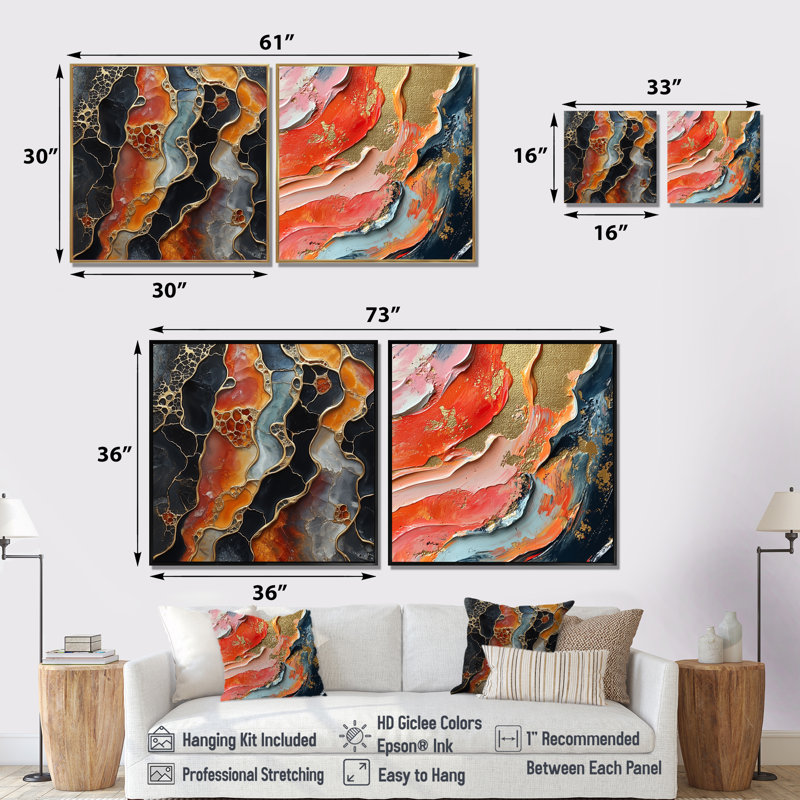 «Orange and Gold Coastal Tidal Tranquility I» - art mural côtier - art mural nautique sur toile 2 pièces, Crème, crème
