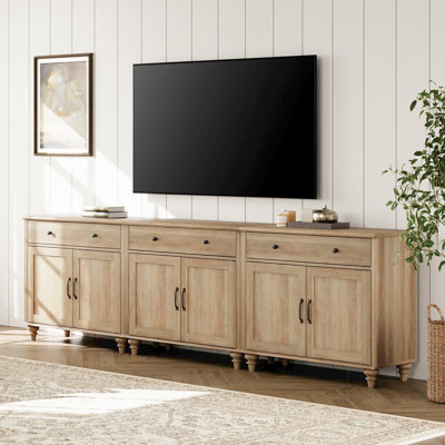 Meuble télé avec 3 tiroirs et 6 portes, console télé 3 en 1 pour téléviseur 75/80/85/90 po, centre de divertissement pour téléviseur de 100 po, chêne