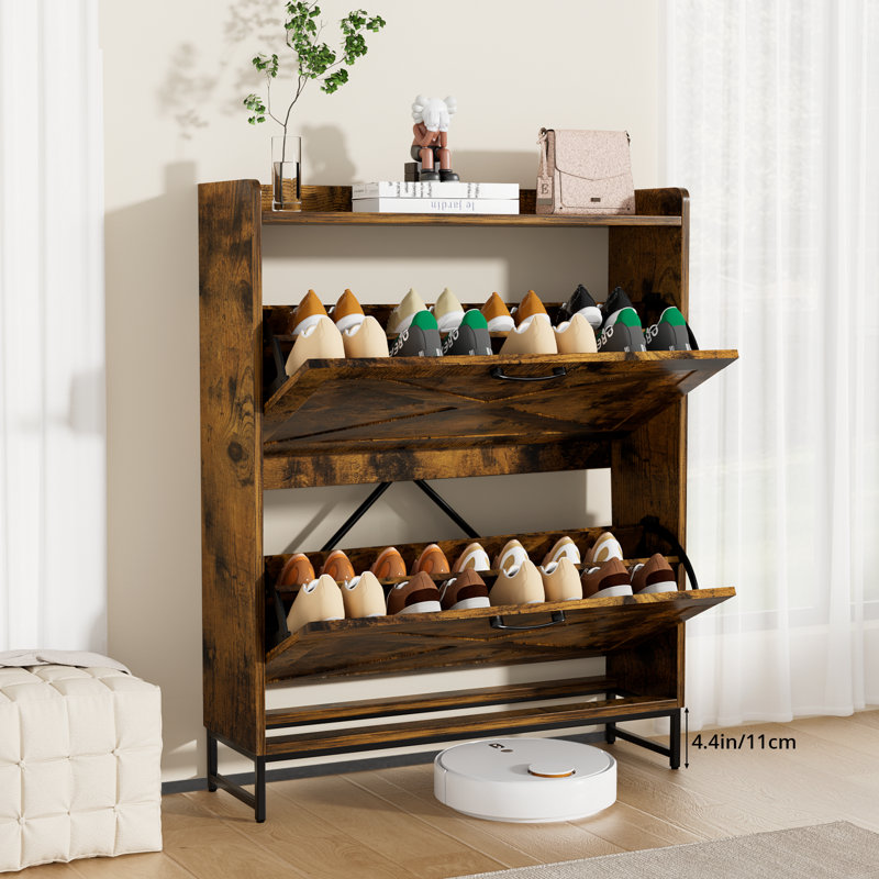16 Pair Shoe Storage with 2 Smooth Flip Draws and Adjustable shelves，Farmhouse multi-Functional Shoe Cabinet  for Entryway, Narrow Space