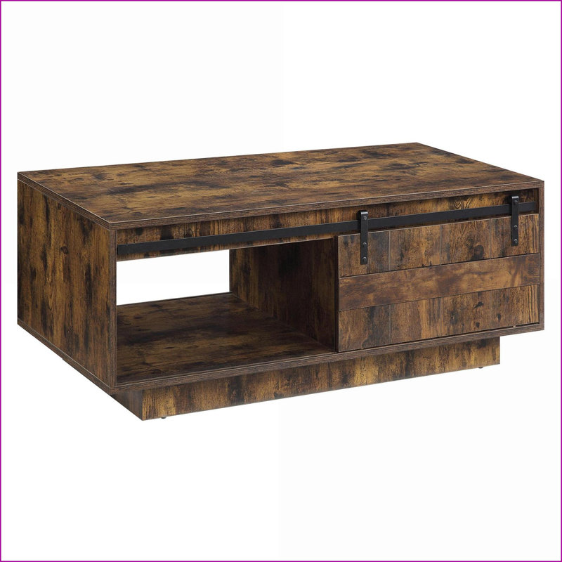 Table basse rustique en chêne avec porte de grange coulissante & amp; Tiroir, rangement peu encombrant pour le salon