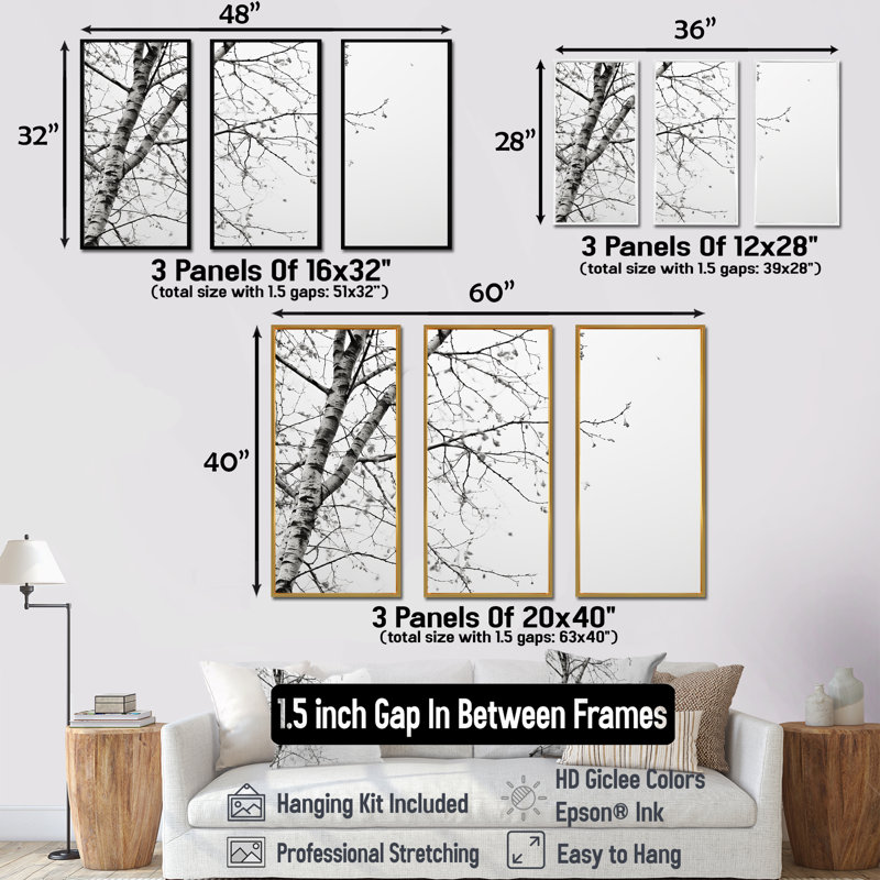 «Grey Minimalisme Tree Birch», ensemble d'art sur toile, Cadre flottant doré, H 28 po x l 36 po x P 1 po