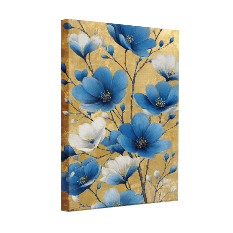 Plantes et fleurs bleues et blanches sur fond doré, H 24 po x l 16 po