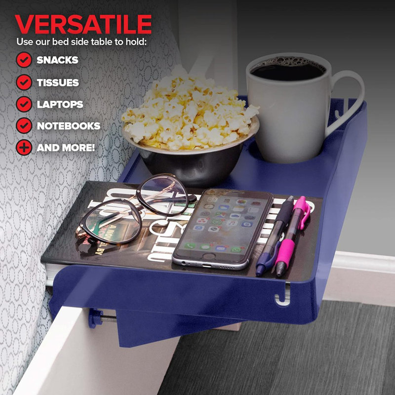 Tablette de chevet Modern Innovations pour lit, chambre d'étudiant, lit superposé pour lit supérieur, plateau de table de chevet avec cordon et porte-gobelet, plateau de rangement pour table (bleu marine)