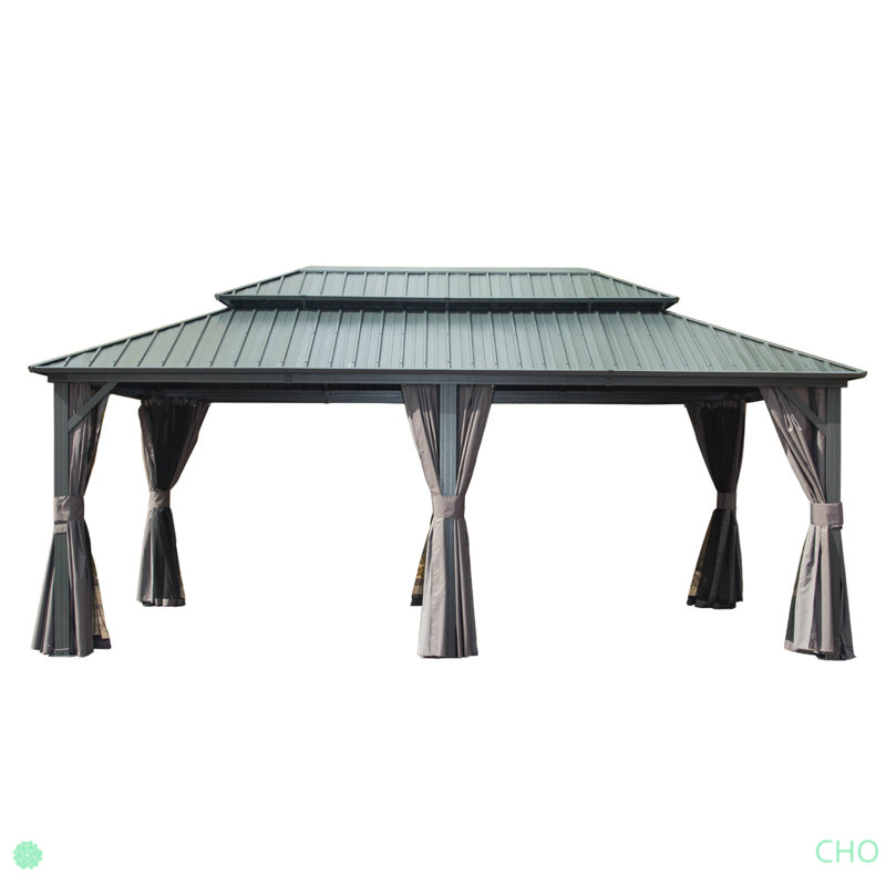 Hardtop Gazebo, Aluminum Metal Gazebo With Galvanized Steel Double Roof Canopy, Curtain And Netting, Permanent Gazebo Pavilion For Patio, Backyard, Deck
