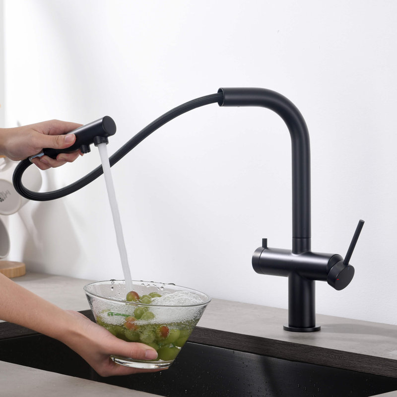 KIBI Circular 2-in-1 Single Hole Pull Out Kitchen Faucet, Matte Black