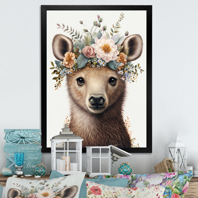 Mignon bébé ours avec couronne florale IV - animaux, art mural sur toile