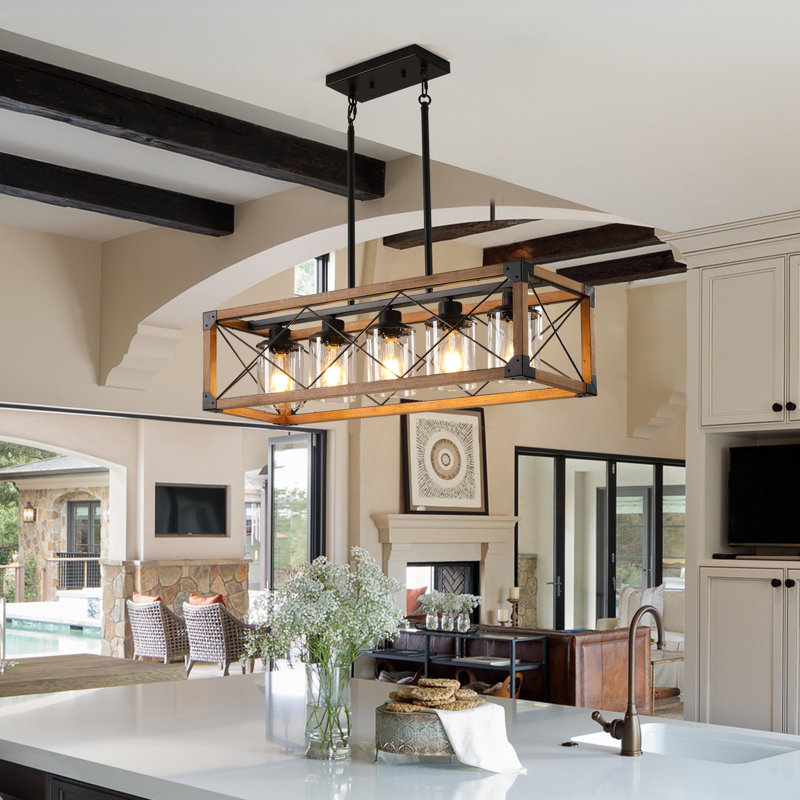 Luminaire suspendu linéaire ajustable rustique 5 lumières, Noyer, Oui