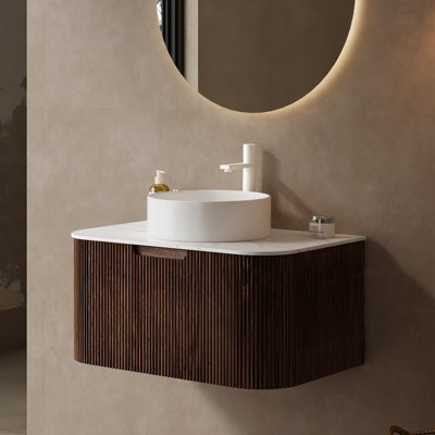 30" Striped Bathroom Vanity With Sink, Plywood Modern Wall-mounted Floating Curved Edges Striped Bathroom Storage Cabinet With A Drawer, White Round Ceramic Basin Without Faucet, Pre-assembled
