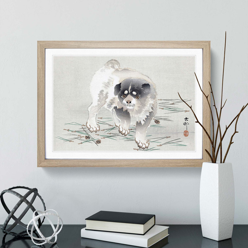Young Dog by Ohara Koson - Picture Frame Painting Print, 27cm H x 36cm W x 2cm D, Oak Framed