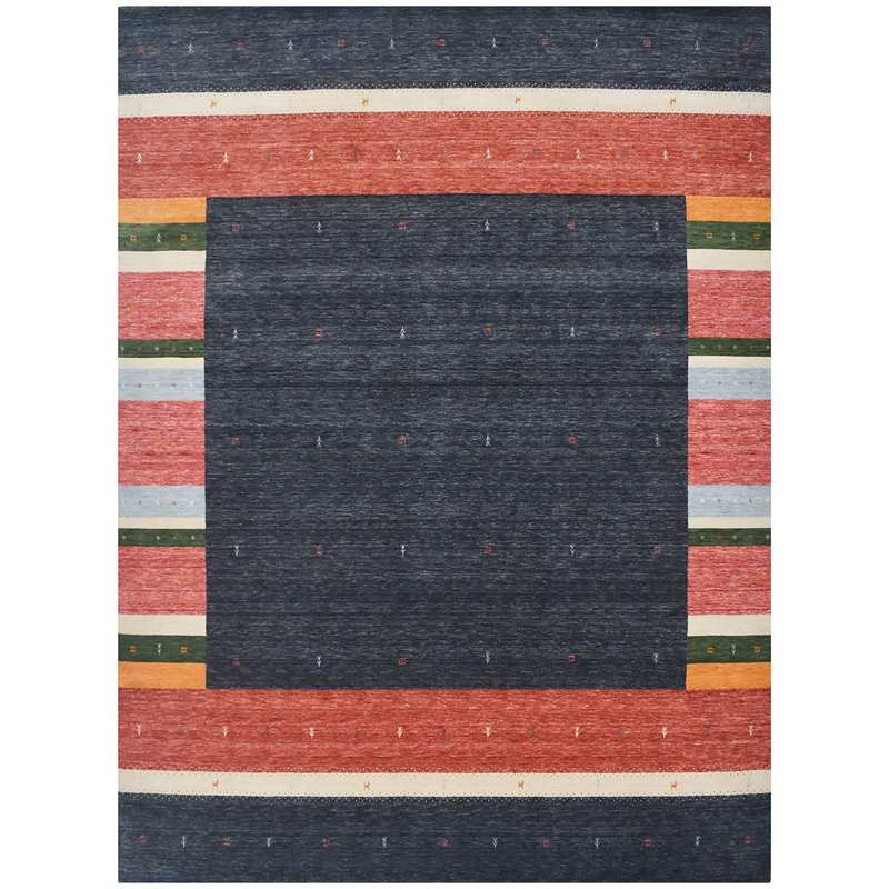Tapis rectangulaire en laine tissé à la main en noir / rouge / jaune / bleu, Rectangle 6 pi x 9 pi
