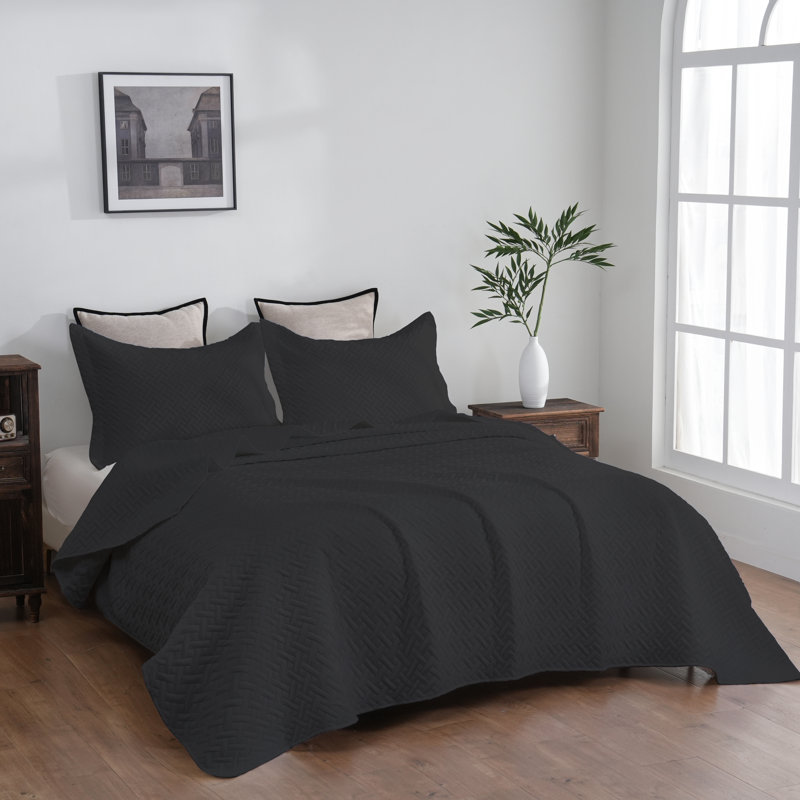 Microfiber Embossed Bedspread Set, Black, Twin Quilt + 1 Standard Sham + 1 Standard Pillowca
