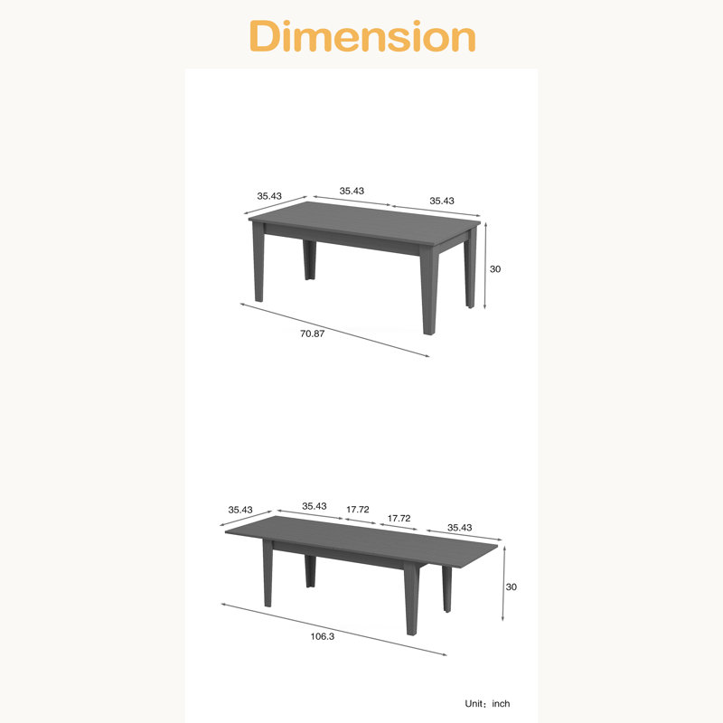 Table de salle à manger, grande table de cuisine extensible de 106,3 po, Chêne