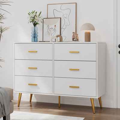 Commode en bois, armoire de rangement moderne à 6 tiroirs avec poignées dorées et pieds en métal robustes, organisateur de tiroir de chambre à coucher pour le salon, le couloir ou l'entrée