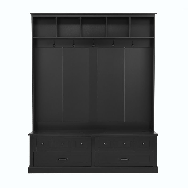 3-In-1 Hall Tree 59" Wide With 5 Hooks And Bench And Drawers, Muti-Functional Entryway Coat Rack, Modern Tall Storage Bench With Handles