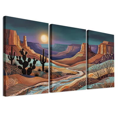 Ensemble de 3 toiles murales représentant un canyon désertique stylisé avec des cactus