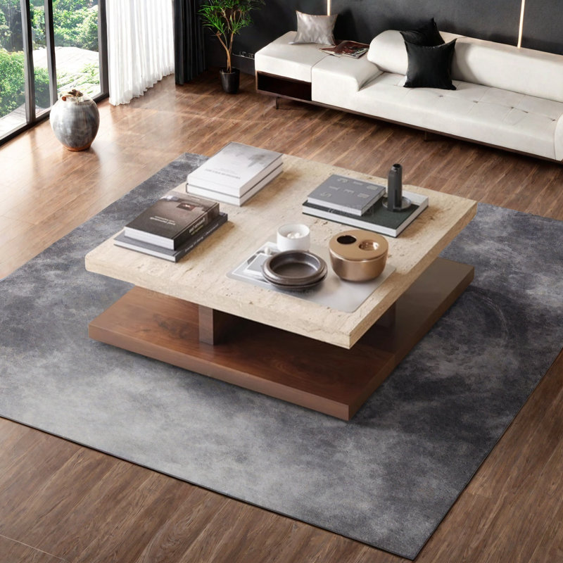 Table basse rétro en marbre et noyer, H 13,8 po x L 35,4 po x l 35,4 po, Beige