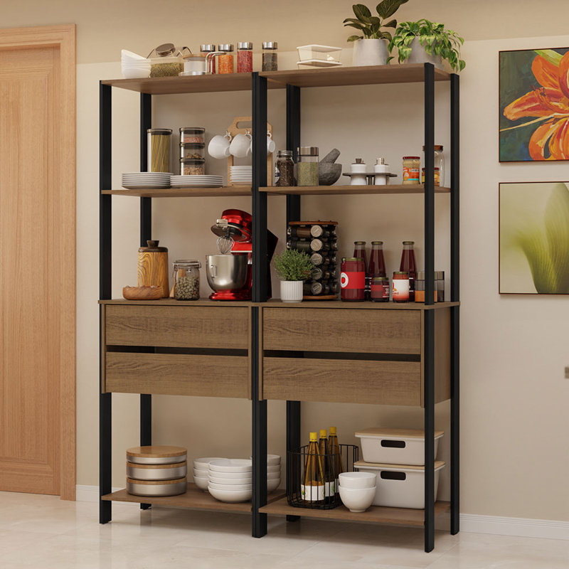  Armoire de rangement pour garde-manger avec 4 tiroirs et tablettes ouvertes L 55 po, Brun
