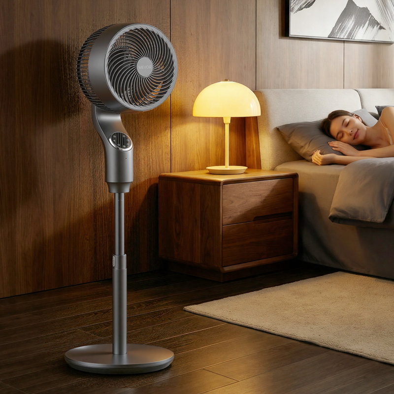 Ventilateur sur pied de 23 cm (9 pouces), oscillant à 80°, avec moteur CC silencieux, 9 vitesses et 4 modes intelligents, minuterie 24 h, télécommande, hauteur réglable, chambre, salon, gris argenté